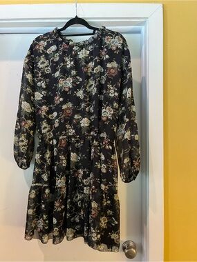 Wilfred Black Floral Tiered Mini Dress with Green and Cream Accents